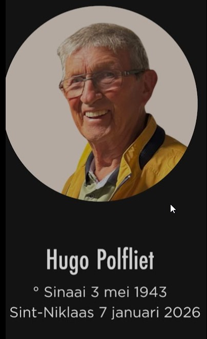 Hugo Polfliet, jarenlang actief bestuurslid en organisator van meerdere weekends met de camper heeft ons jammerlijk genoeg verlaten, wij hebben definitief afscheid genomen op zaterdag 17 januari in de kark van zijn woonplaats te Sint Pauwels - St. Gillis Waas. Wij houden mooie herinneringen over aan het samenzijn met Hugo en Maria.